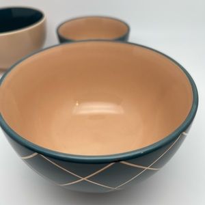 Ceramic Set of 3 Nesting Bowls, Design w/Gold Trim by Chic & Tonic Teal & Peachy